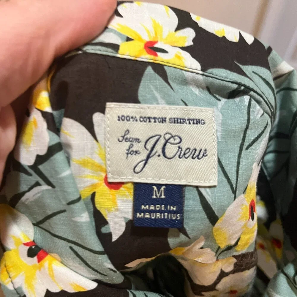 🌺 J. Crew Men’s M Brown Green Yellow Hawaiian Short Sleeve Loop Collar Shirt 🌴